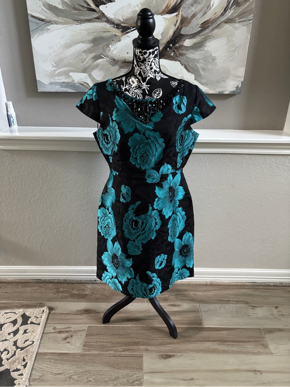Eliza J Black Mini Dress with Teal Floral Print
